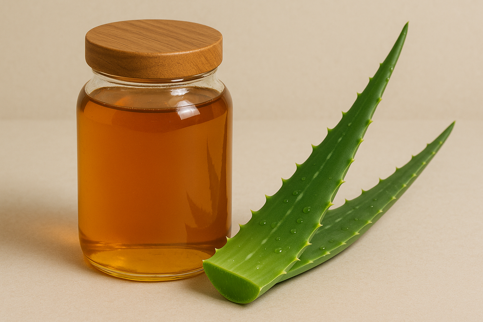 ขวดน้ำผึ้งบริสุทธิ์ และใบว่านหางจระเข้