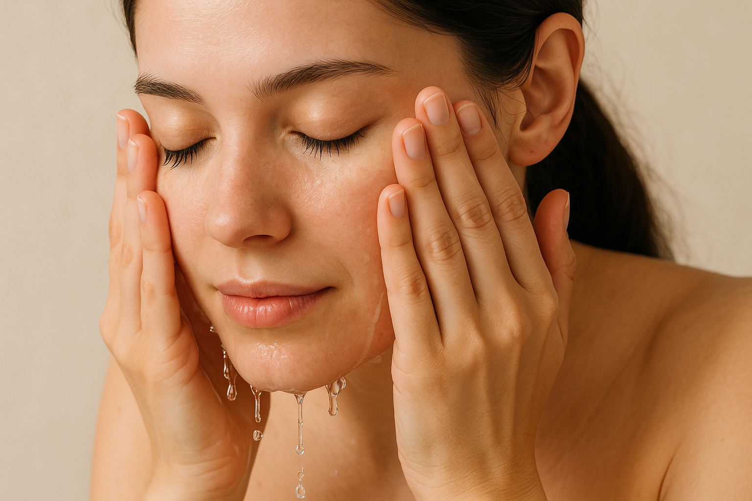 คนกำลังล้างหน้าด้วยมืออย่างอ่อนโยน โดยเน้นที่การสัมผัสที่นุ่มนวล